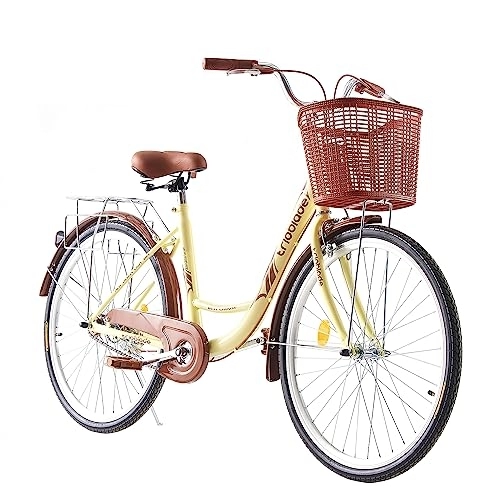 Comfort Bike : BSTSEL 26 Inch Wheels Vintage bike Fabric Bike City Classic Bicycle, Retro Bicycle With 1 Speed Shimano Gears, Sprung Saddle, Rack And Front Basket Formal Road Bike For Woman