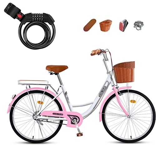 Comfort Bike : Winvacco Comfort Bikes, Tandem Bikes with Bike Lock, Unisex Classic Iron Bicycle with Basket Retro Bicycle, Pink-22inch