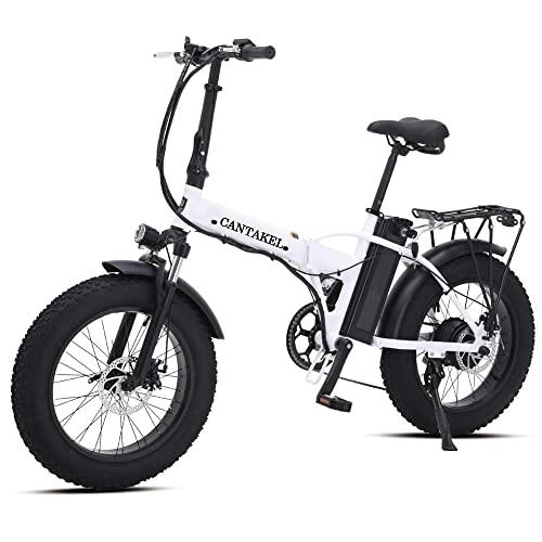 Electric Bike : CANTAKEL Electric Bike, 20 Inch Fat Tire Off-Road Electric Bike / Foldable Mountain Electric Bike with 48V 15Ah Removable Hidden Battery (White)