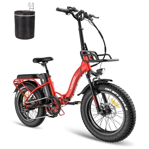 Electric Bike : Fafrees F20 MAX Electric Bicycle, 20 * 4.0inch Men's Folding Electric Mountain Bike, 48V / 22.5Ah Samsung Battery, Shimano 7 Speed, Front Basket, Unisex Adult Fatbike Ebike, Range 90-150KM (Red)