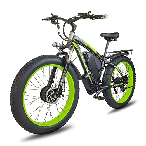 Electric Bike : Hyuhome Dual Motors Fat Tire Electric Bike for Adults Men Women，26''*4.0" Fat Tire E-bike with Shimano 21 Speed Mountain Bicycle, 48V 15AH MTB E-Mountainbike (black green)