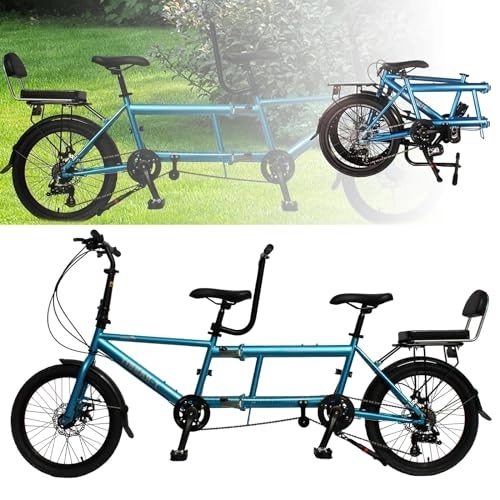 Tandem Bike : Foldable Tandem Beach Cruiser Bike, Tandem Adult Beach Cruiser Bicycles, 20-Inch Wheels, 3 Seater, 7-Speed, Size 210x35x110cm, Folded Size 110x35x62cm, Maximum Load 200kg blue