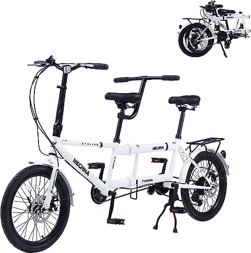 Tandem Bike : LAYIQDC Tandem Bike, Foldable Three-Person Bike, Family Bike Suitable for Two Adults and One Child, High Carbon Steel Material, Rust-Resistant and Durable (White)