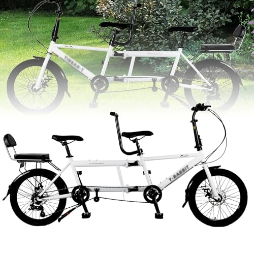 Tandem Bike : Tandem Bike, City Tandem Bicycles, 20-inch Folding Beach Cruiser Bike, Three Seater, 7-Speed Adjustable, Size 210x35x110cm / 110x35x62cm, Maximum Load 200kg white