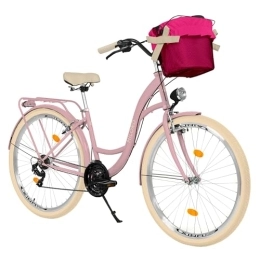 Balticuz OU Biciclette da città Milord Comfort, bicicletta con cestino, bicicletta olandese da donna, City bike, vintage, 28 pollici, rosa crema, cambio Shimano a 21 marce