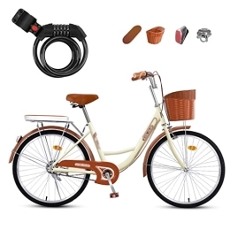 Winvacco Bike Winvacco Comfort Bikes, Tandem Bikes with Bike Lock, Unisex Classic Iron Bicycle with Basket Retro Bicycle, Beige-22inch