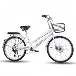 WN-PZF Bike WN-PZF 24-inch 6-speed bicycle, ladies bicycle commuter transportation, high carbon steel frame + front basket + rear shelf + solid tires + disc brakes, White