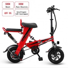AFF Bike Adult Electric Mountain Bike Folding E-bike 48V 8AH 350W Mini Double with Endurance 30KM and Top Speed 25km / h, Double Disc Brakes, Red