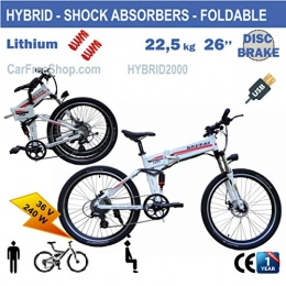 carfreeshop customIZED HYBRID2000 adult ELECTRIC assisted FOLDING HYBRID E-bike with SHOCK ABSORBERS, mountain w. 26inch, standard removable LITHIUM BATTERY, 8Ah, 240W, DISC BRAKES, aluminium, LCD, USB plug, commuter-commuting, foldable-collapsable, STUDENTS-BOY-MAN, white, blue, best sale 2017