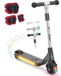 Gyroor Electric Scooter Electric Scooter for Kids Ages 6-12 with 6 in 1 Protective Knee Pads Set, Kids Electric Scooter with Led Light Wheel Deck, Boys Electric Scooter for Teens, Girls with Speed Button, 3 Heights Handlebar