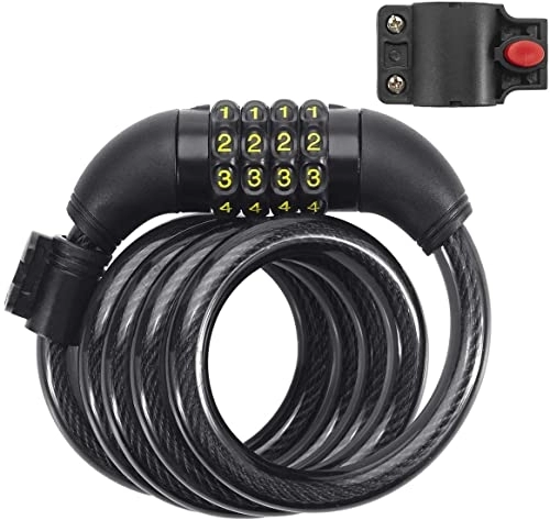 Lucchetti per bici : Serratura per bicicletta, 10 m, con chiusura a spirale automatica, 4 cifre, con staffa di montaggio per bicicletta, cancello, recinzione, diametro 1 / 2", colore nero