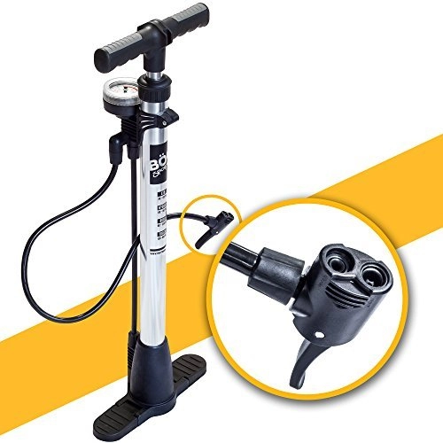 Pompe da bici : BoG Products - Pompa da Pavimento per Bicicletta con manometro per valvole Presta e Schrader, Grande Diametro per Un gonfiaggio più rapido, capacità di 75 psi, salvaspazio, Base Pieghevole