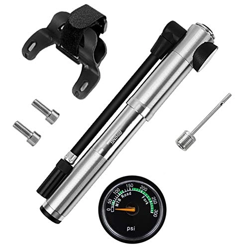 Pompe da bici : YRXWAN Pompa da Bici con manometro, [300 PSI] [Set Completo Perfetto] Mini Pompa da Bicicletta, per Strada, Mountain Bike, Incluso ago per Gas per gonfiare palloni Sportivi, Palloncini, Argento