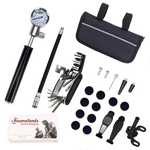 Bike Pump : Eastbride Mountain bike pump with air pressure gauge, tire repair tool, mini portable bike pump, Fits Presta & Schrader Valve