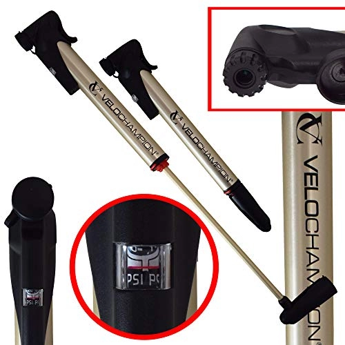 Bike Pump : VeloChampion Alloy Pro 12 Mini Bike Pump With Pressure Gauge Fits Presta & Schrader (Reversible Valve) With 120 PSI / 8.3 Bar Max Pressure Portable, Compact, Durable And Quick & Easy To Use