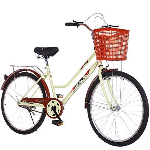 Bici Cruiser : MLSH Bicicletta da Donna Vintage, Bici Ity Comfort con cestello, Bici da Città all'aperto in Acciaio ad Alto tenore di Carbonio da 26 Pollici, Bici Sportive for Studentesse - Beige (Size : 24 inch)