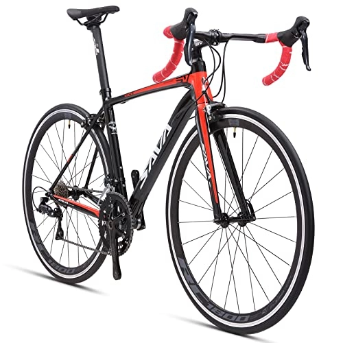 Bici da strada : SAVADECK Bici da corsa con forcella in carbonio, R6 700C bici da corsa in alluminio Bici da corsa leggera in lega di alluminio con Shimano SORA R3000 a 18 velocità e doppio freno a V (54cm, Nero grigio)