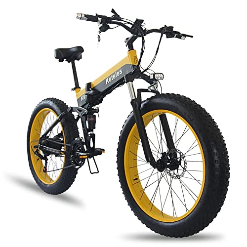 Bici elettriches : 26" Fat Bike Elettrica Pieghevole, Bici Elettrica da Montagna 15Ah Batteria al Litio Rimovibile 1000W, Shimano a 21 velocità, 80Nm, Per Strade Innevate, Spiagge E Strade Di Montagna [PL Stock], yellow