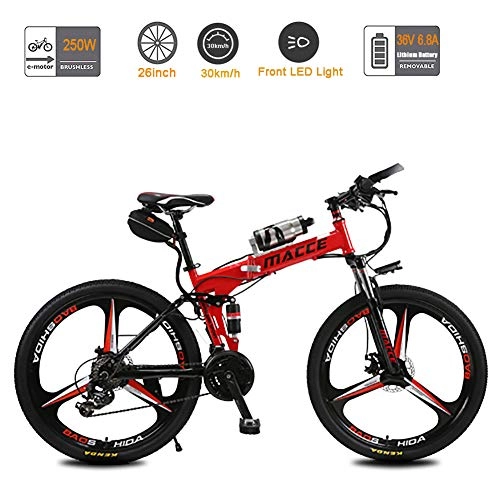 Bici elettriches : Acptxvh Pieghevole Bici elettrica 240W, 3 Ruote a Raggi / 26 Freni a Disco Doppio / Pollici / 21 velocità, con 36V 6.8Ah bollitore Batteria Biciclette, Rosso