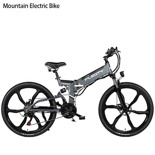 Bici elettriches : AISHFP Pieghevole di Montagna Adulto Bici elettrica, 48V 10AH Batteria al Litio, 480W Lega di Alluminio della Bicicletta, 21 velocità, 26 Pollici in Lega di magnesio Integrata Ruote, Grigio