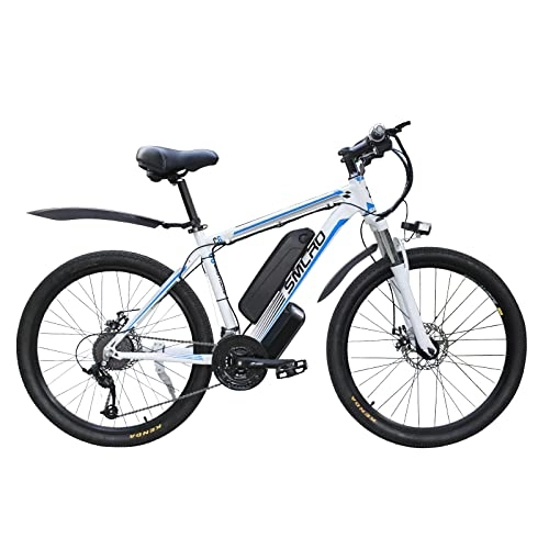 Bici elettriches : AKEZ Bicicletta elettrica da 26 pollici, per uomo e donna, batteria rimovibile da 48 V / 10 Ah, 250 W, con cambio Shimano a 21 velocità (bianco blue)