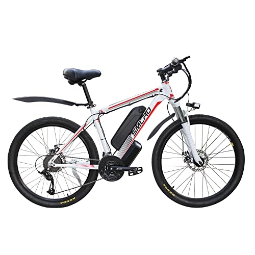 Bici elettriches : AKEZ Bicicletta elettrica da uomo, mountain bike, 26 pollici, bicicletta elettrica da donna, con batteria rimovibile da 48 V / 10 Ah, cambio Shimano a 21 velocità (bianco rosso-1000)