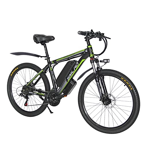Bici elettriches : AKEZ Bicicletta elettrica per adulti, 26 E-Bike per uomo, ibrido ibrido ibrido per mountain bike, 48 V / 10 Ah, batteria al litio rimovibile per mountain bike (Black Green)