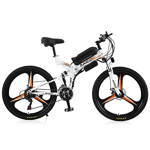 Bici elettriches : AKEZ Bicicletta elettrica pieghevole da 26", bicicletta elettrica pieghevole, per adulti, 250 W, bicicletta elettrica Pedelec, da uomo e da donna, con batteria da 36 V, Shimano 21 (bianco arancione)