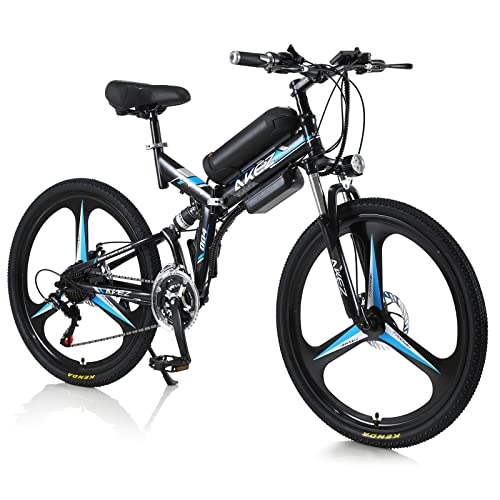 Bici elettriches : AKEZ Bicicletta elettrica pieghevole da 26 pollici 250W bicicletta elettrica pieghevole, per uomo e donna, bicicletta elettrica pieghevole con batteria da 36V e cambio Shimano 21 marce (nero blu)