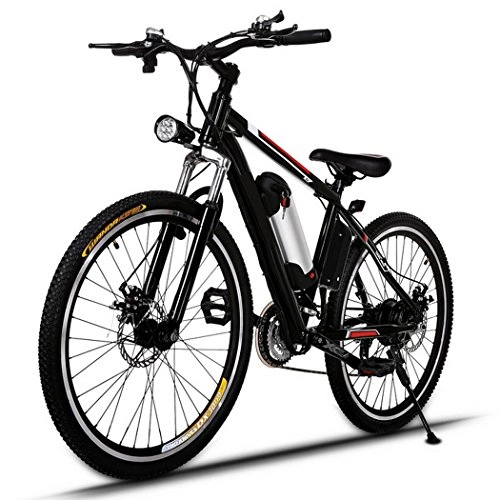 Bici elettriches : AMDirect Biciclette Elettrico Mountain Bike E-Bike 26 Pollici 21 Sistema di Trasmissione Velocità con Torcia Elettrica con Batteria al Litio Staccabile 250W 36V 8Ah, Nero