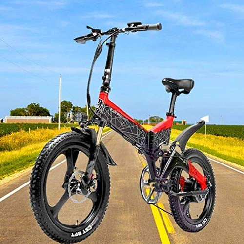 Bici elettriches : Bici elettrica 20 * 2.4 Big Tire Bicicletta Mountain Bicicletta elettrica Pieghevole per Adulti da Città 350w 48v Batteria al Litio 7 velocità ebike, Rosso