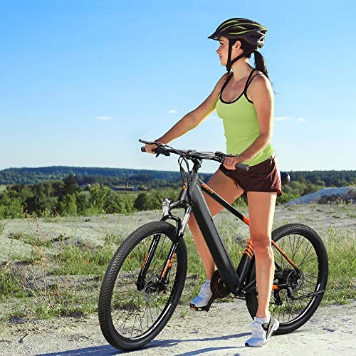 Bici elettriches : Bici Elettrica 27, 5 pollici On / Off-Road 250 W 25 km / h con batteria agli ioni di litio da 36 V 10, 4 Ah Cambio Shimano a 7 velocità Adulti EU - Arancione Nero [EU Direct