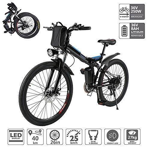 Bici elettriches : Bici Elettrica, Mountain Bike Elettrica Pieghevole A velocit Variabile Batteria agli Ioni di Litio (36V 250W 8Ah) Motore Senza Spazzole, Shimano 21 Speed Gear E 3 modalit di Lavoro, Nero