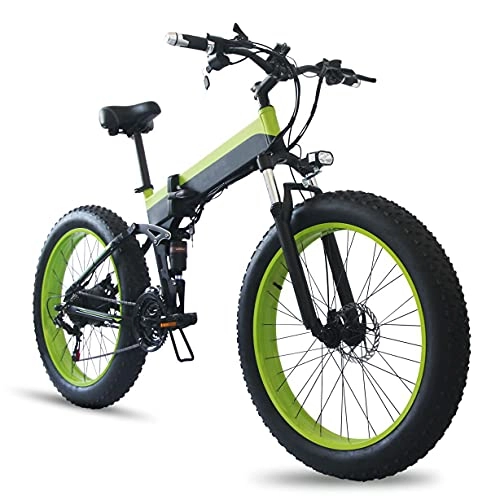 Bici elettriches : Bici Elettrica Pieghevole, Batteria Nascosta 48V 12.8Ah, Mountain Bike Neve Spiaggia, Sistema Doppio Ammortizzatore Sospensione Completa, Veicolo Ciclismo Per Esterni, Pneumatici Grassi 26 Pollici, Verde