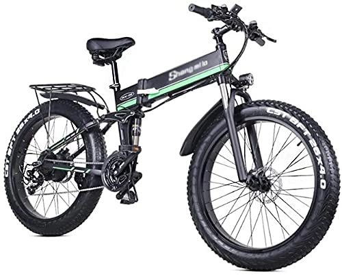 Bici elettriches : Bicicletta elettrica, 1000 W 48 V pieghevole Mountain Bike con 26 x 4.0 grasso pneumatico, E-Bike leggera a 21 velocità con pedale assist freno idraulico, verde