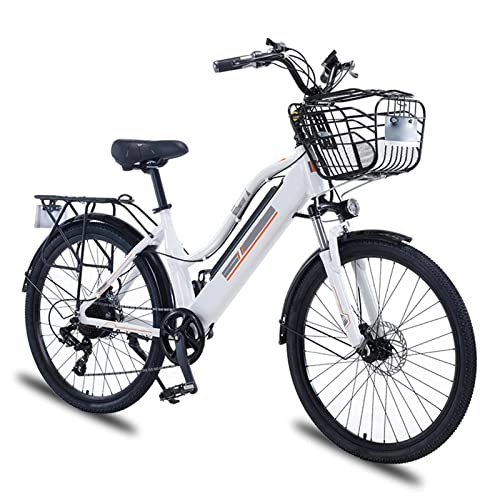 Bici elettriches : Bicicletta elettrica da Montagna da Donna con Cesto 36V 350W Bicicletta elettrica da 26 Pollici in Lega di Alluminio per Bicicletta elettrica (Colore : White, Number of speeds : 7)
