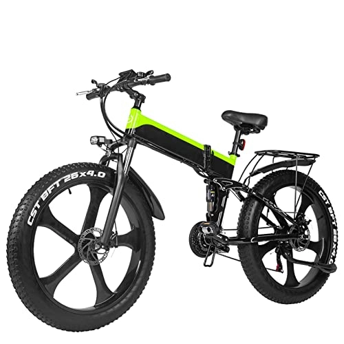 Bici elettriches : Bicicletta elettrica Pieghevole da 1000 W per Adulti 26" Fat Tire 25 mph, Batteria al Litio Rimovibile Mountain Double Shock Pieghevole Ebike (Colore : Verde, Taglia : 48V 12.8Ah Battery)