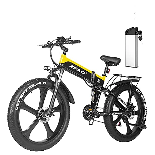 Bici elettriches : Bicicletta Elettrica Pieghevole per Adulti, Bici Elettrica Mountain Bike Elettrica Leggera Ebike Professionale Shimano Rimovibile 48V 1000W Batteria al Litio, Yellow