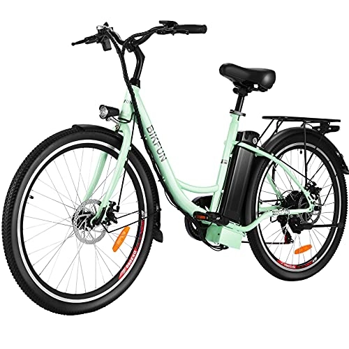 Bici elettriches : BIKFUN 26" 350W Bici Elettrica con Batteria 15Ah 540Wh, Bicicletta Assistita Pendolare per Adulti, Shimano 7 Velocità (26"vintage-verde)