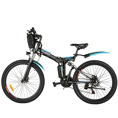 Bici elettriches : BIKFUN Bici elettrica per adulti, 26 pollici, bici elettrica pieghevole, mountain bike elettrica con assorbimento completo degli urti Shimano 21 velocità, 36 V 8 Ah 20 miglia E-bike (nero)