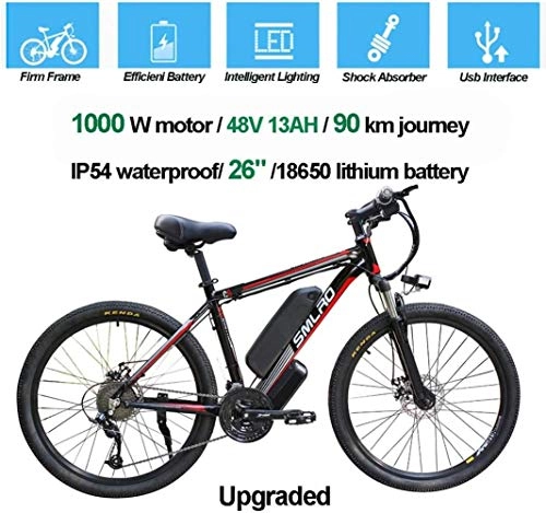 Bici elettriches : BWJL Adulto Biciclette elettriche, Lega di Alluminio IP54 500W 1000W Bicicletta amovibilmente Ebike 48V / 13Ah Batteria Mountain Bike Litio / Interruttori Ebike, Nero Rosso, 1000W