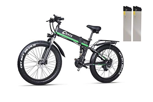 Bici elettriches : Ceaya 26 Pollici Bici elettriche pieghevoli, 1000W, Batteria 48V12.8AH, Unisex Adulto (verde（Doppia batteria）)