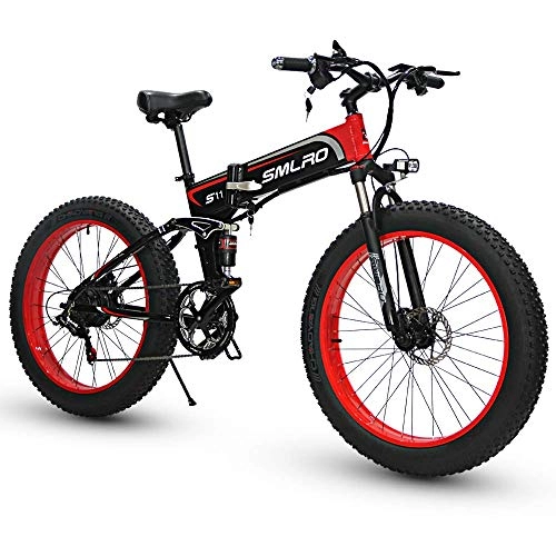 Bici elettriches : CXY-JOEL Mountain Bike Pieghevole Bici Elettrica da 1000W Ebike Fat Tire 26 'Full Suspension 48V12.8Ah 21 Pedal Assist (Rosso), Rosso