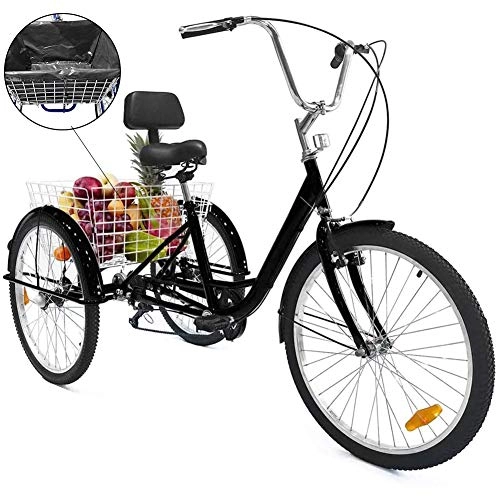 Bici elettriches : DNNAL Triciclo Bici per Adulti da 24 Pollici, Triciclo a Pedali con cestello di Grandi Dimensioni Adatto per Adolescenti, Donne, Uomini, Shopping, Shopping, Sport, Nero