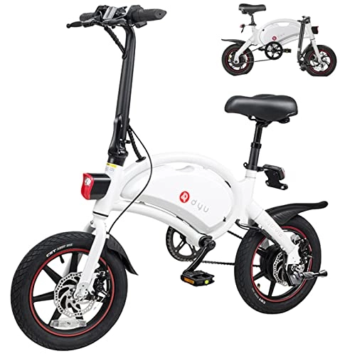 Bici elettriches : DYU Bicicletta Elettrica Pieghevole, 14 pollici Portatile E-bike, Smart Bici Elettrica con Pedalata Assistita, 3 Modalità di Guida, Regolabile in Altezza, Compatta Portatile, Unisex Adulto(Bianco, D3F-6AH)