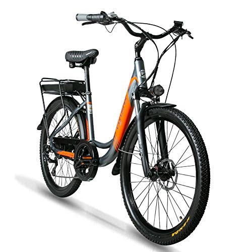 Bici elettriches : Exrebici XF200 City Electric Bike 500W 48V 14Ah Freno a Disco Meccanico 700C 7 velocità per Bici da Donna (Arancione Grigio)