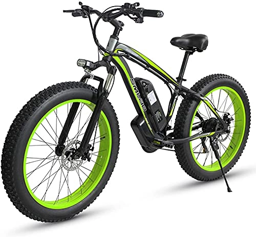 Bici elettriches : Fat Tire Bici elettrica per Aadults Uomini – 26 pollici Mountain Bike 1000 W motore batteria rimovibile impermeabile 48 V 15A – Shimano 21 velocità cambio cambio bici e doppio freno a disco (verde)