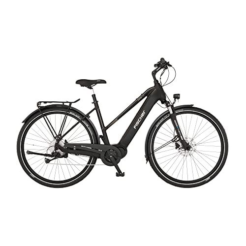 Bici elettriches : Fischer Viator 4.2i, Bicicletta Elettrica Donna Uomo RH 50cm Motore Centrale 80Nm Batteria 36V E-Bike Trekking, Nero Opaco, 50cm-711Wh