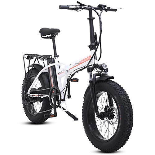 Bici elettriches : FJNS Bici elettrica Pieghevole da 20 Pollici Bici elettrica da Neve / Spiaggia in Alluminio per Adulti E-Bike 4.0 Pneumatico Grasso con Batteria al Litio incorporata 48V 15AH, 500W, Bianca