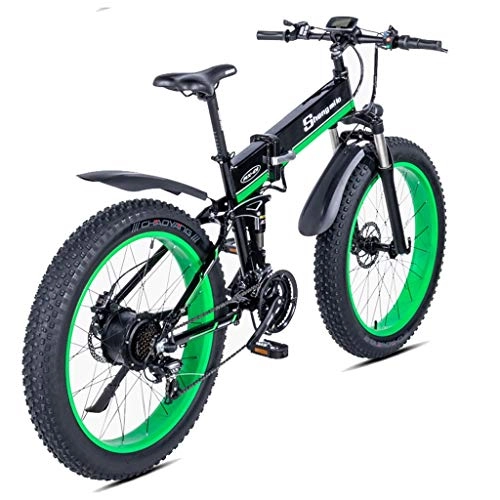 Bici elettriches : Foldable bicycle 48V Mens Mountain Bike Neve E-Bici 26inch Bicicletta Bicicletta elettrica 1000W Beach Bici elettrica Fat Tire Bici elettrica (Color : Green, Size : EU)